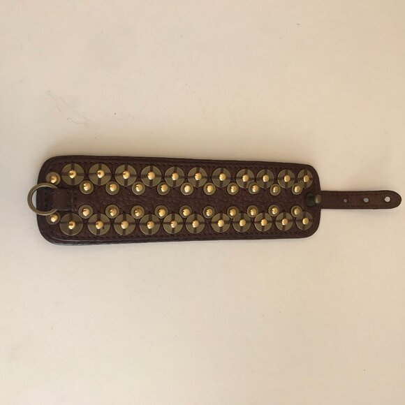 Rare Vintage Cole Haan Brown Leather Ornate Copper Discs and Studs Bracelet/Cuff - Picture 3 of 5